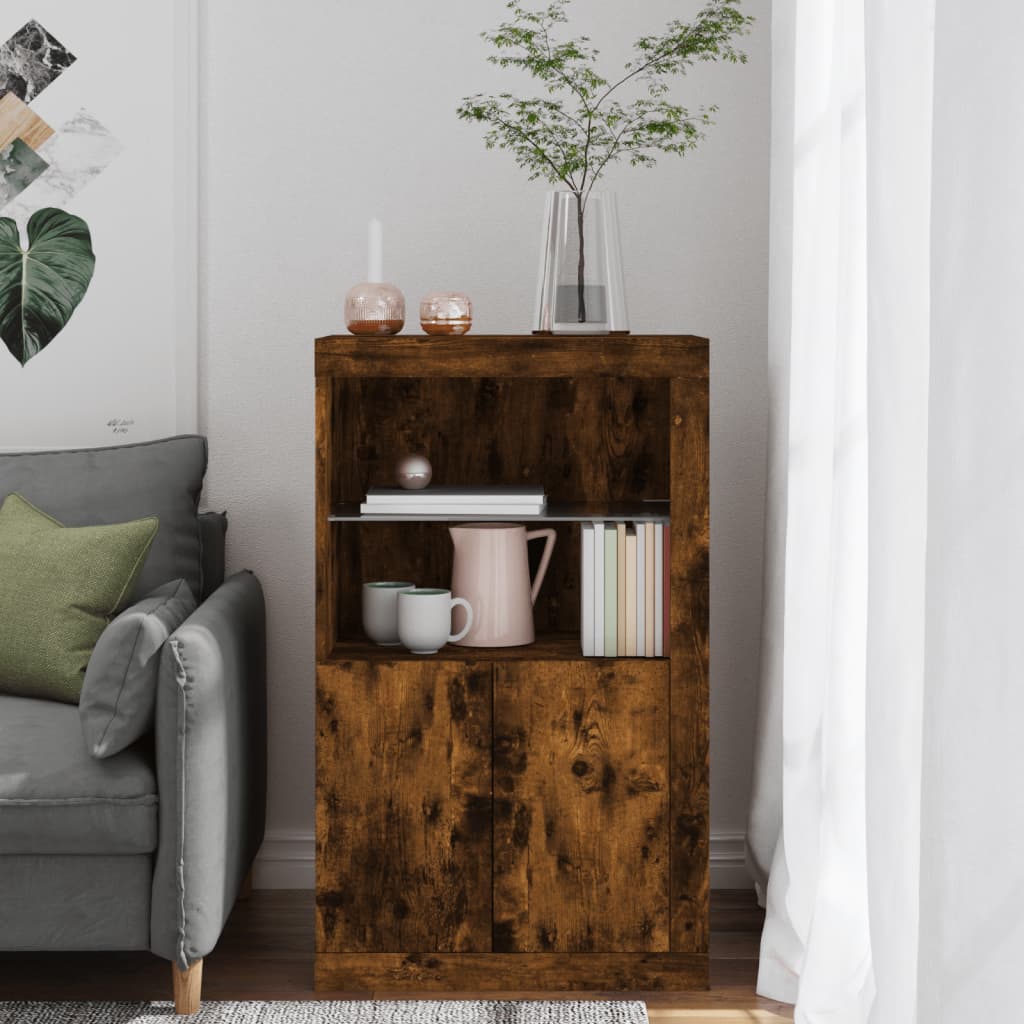 Side cabinet with LED lights smoked oak wood material