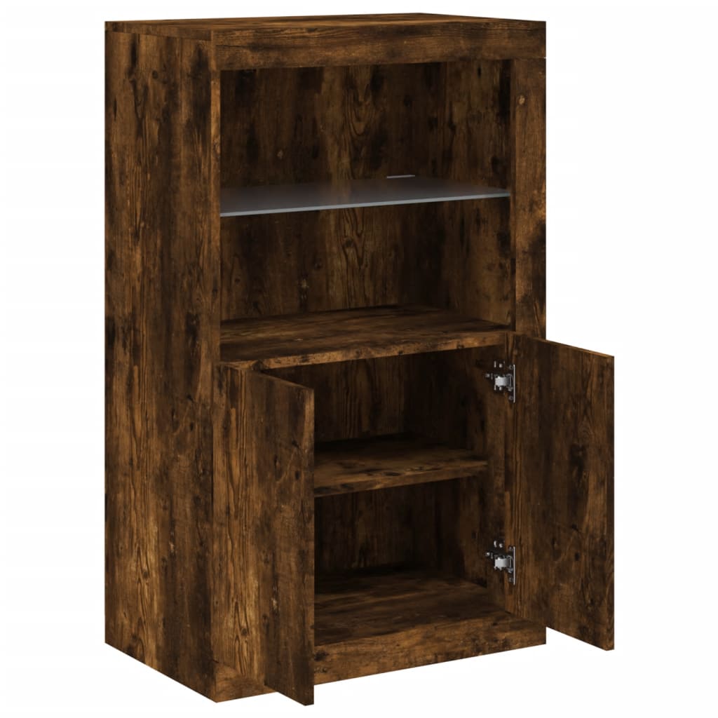 Side cabinet with LED lights smoked oak wood material