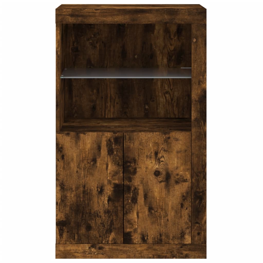 Side cabinet with LED lights smoked oak wood material