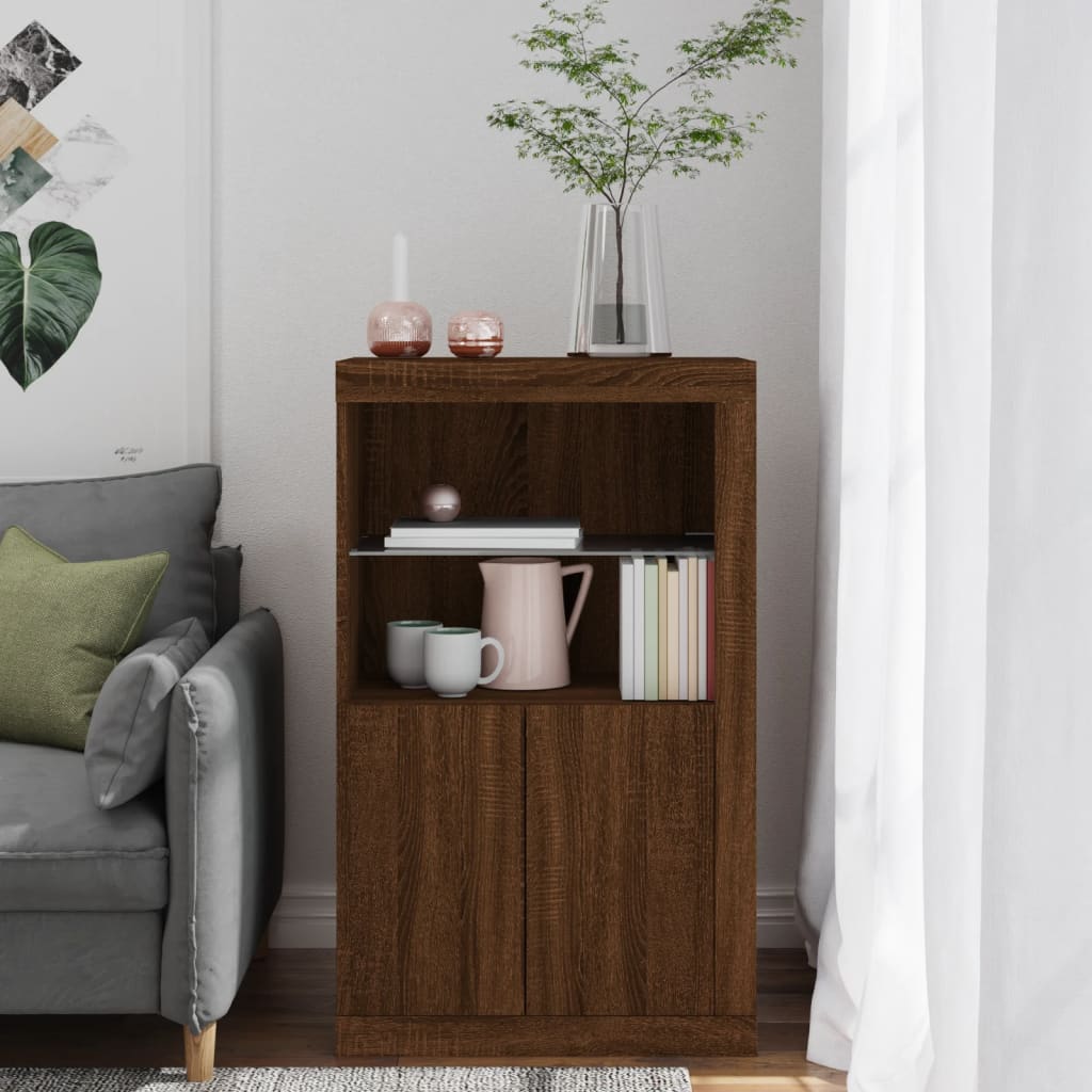 Side Cabinet with LED Lights Brown Oak Wood Material