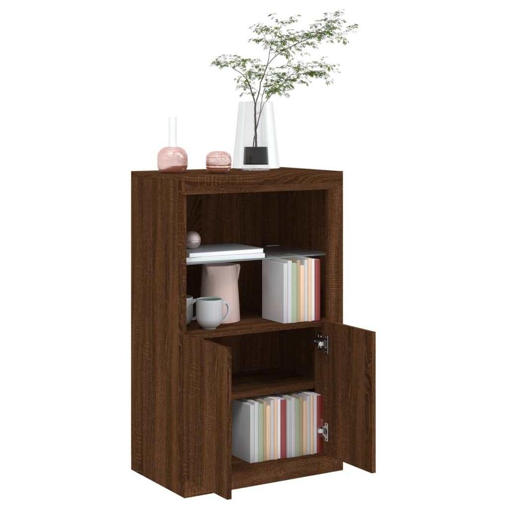 Side Cabinet with LED Lights Brown Oak Wood Material