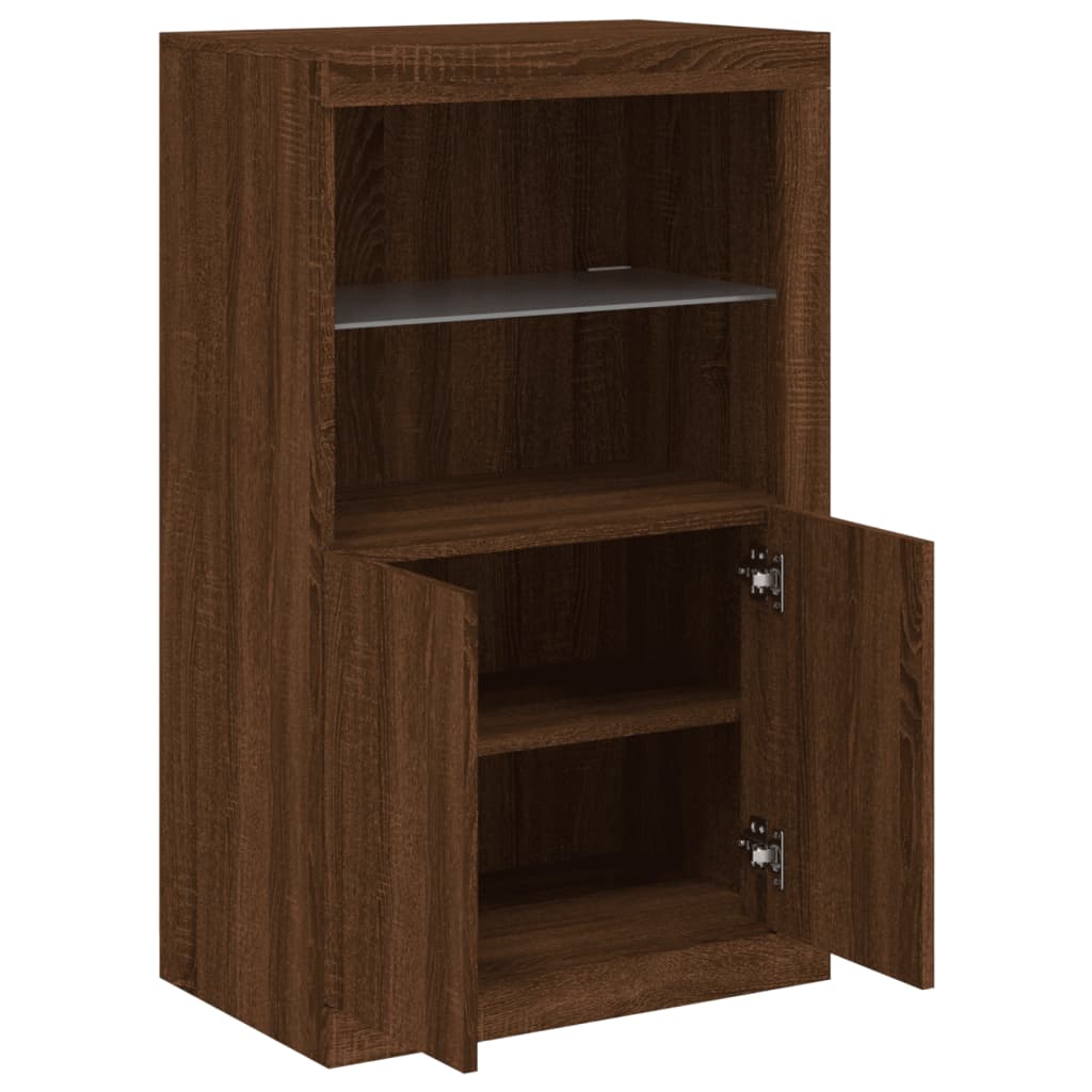 Side Cabinet with LED Lights Brown Oak Wood Material