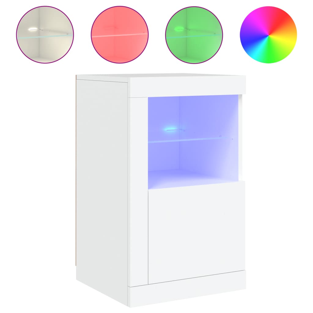 Side Cabinet with LED Lights White Wood Material