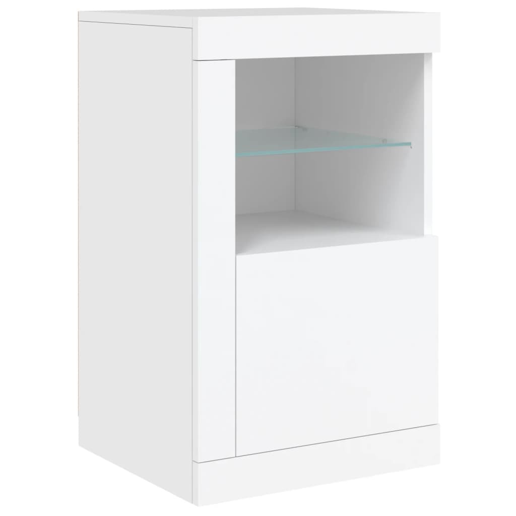 Side Cabinet with LED Lights White Wood Material