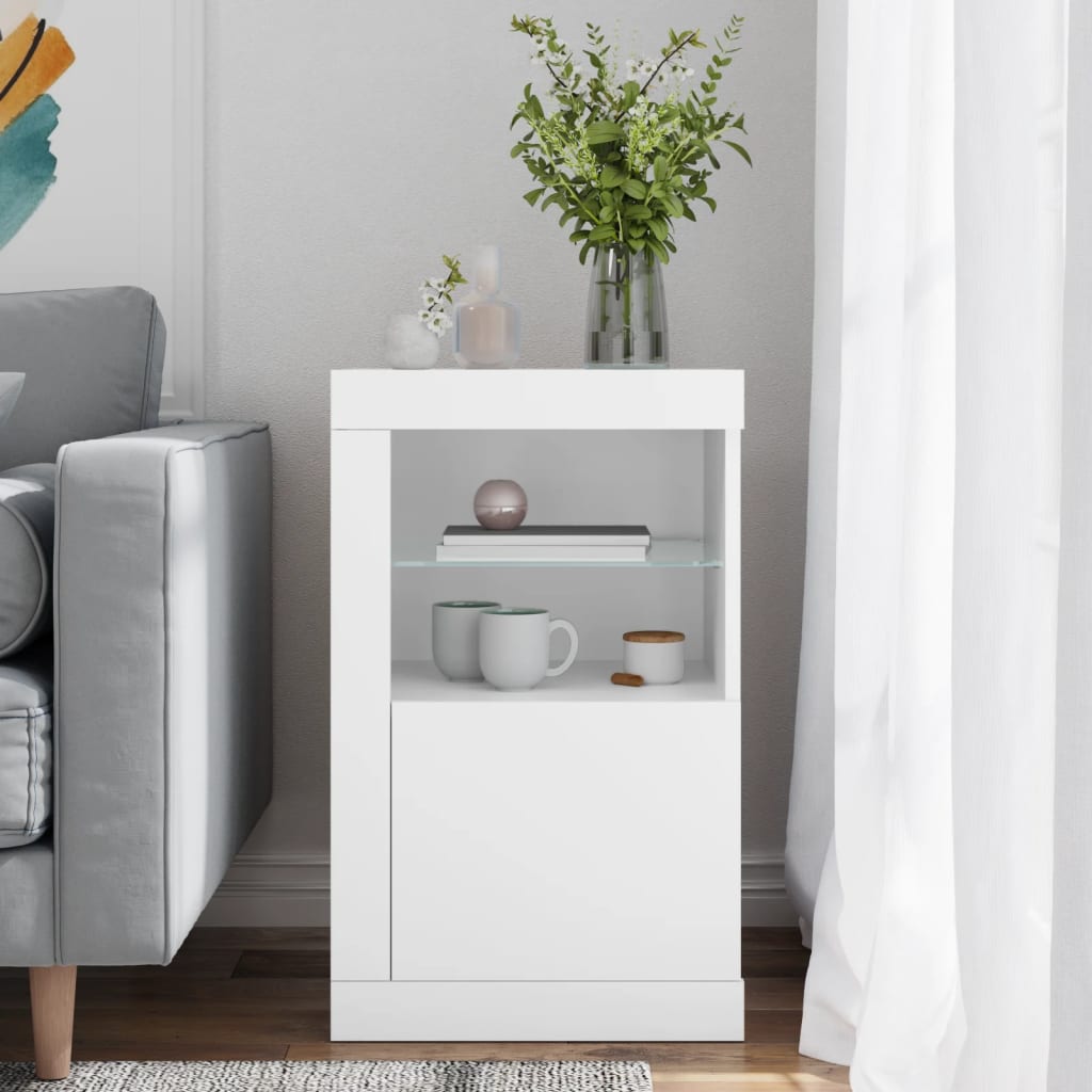 Side Cabinet with LED Lights White Wood Material