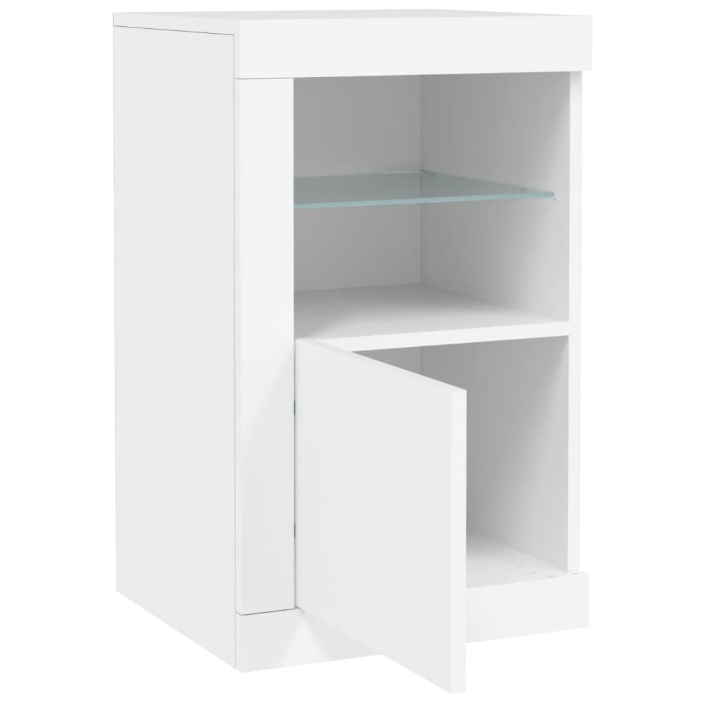 Side Cabinet with LED Lights White Wood Material