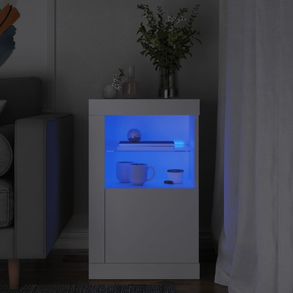 Side Cabinet with LED Lights White Wood Material