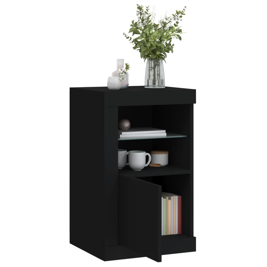 Side Cabinet with LED Lights Black Wood Material