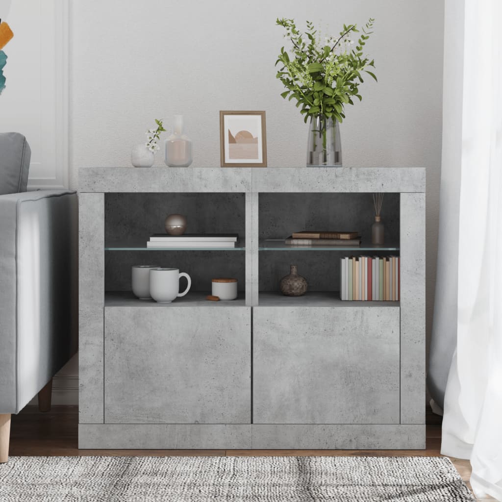 Side cabinets with LED lights 2 pieces concrete grey wood material