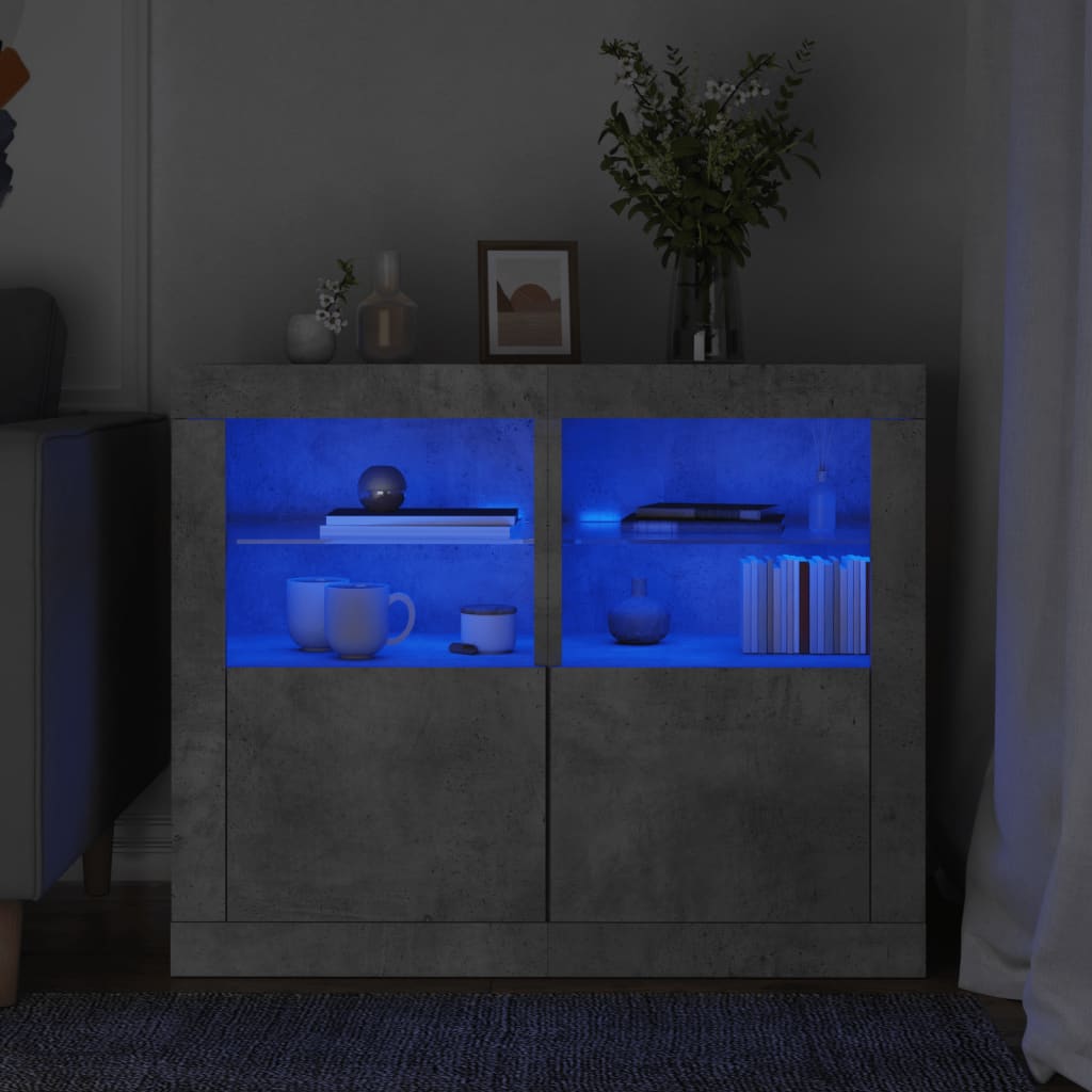 Side cabinets with LED lights 2 pieces concrete grey wood material