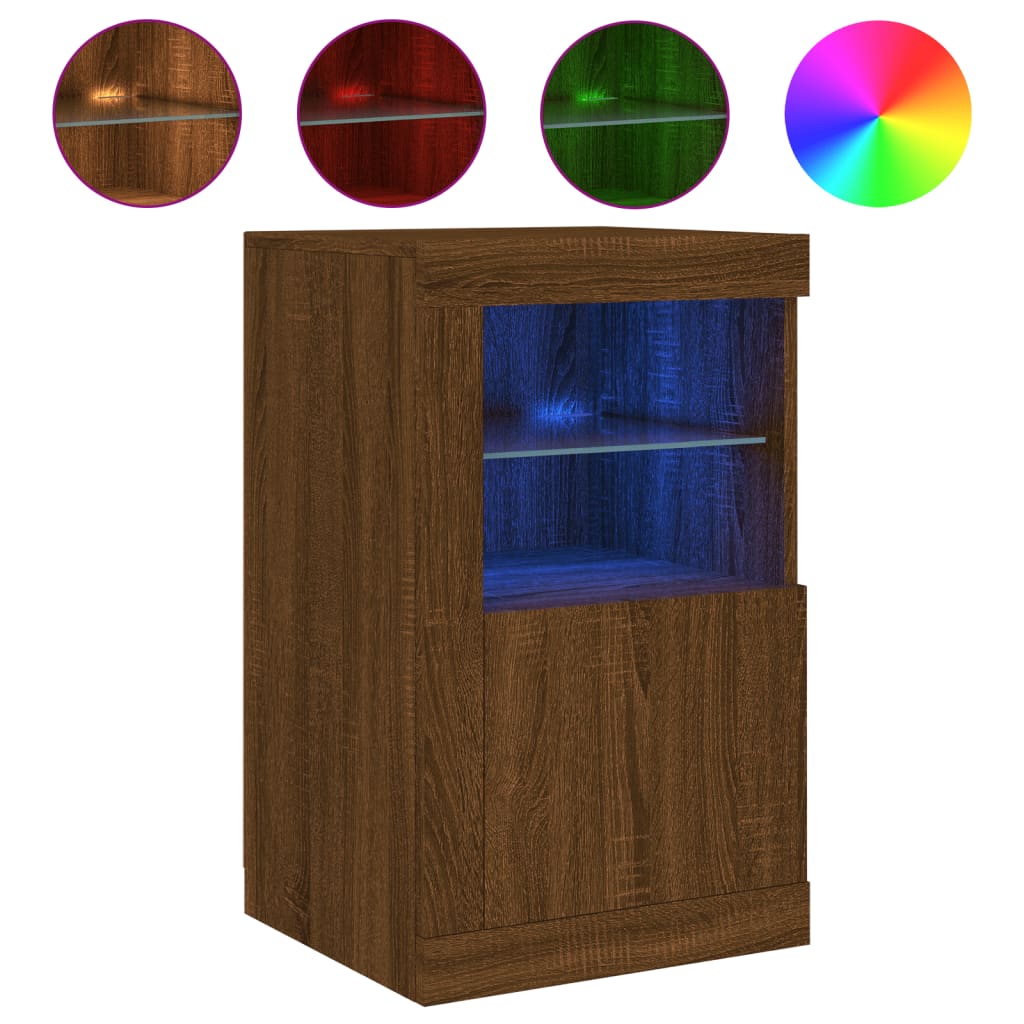 Side Cabinet with LED Lights Brown Oak Wood Material