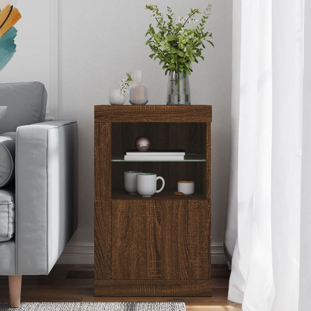 Side Cabinet with LED Lights Brown Oak Wood Material