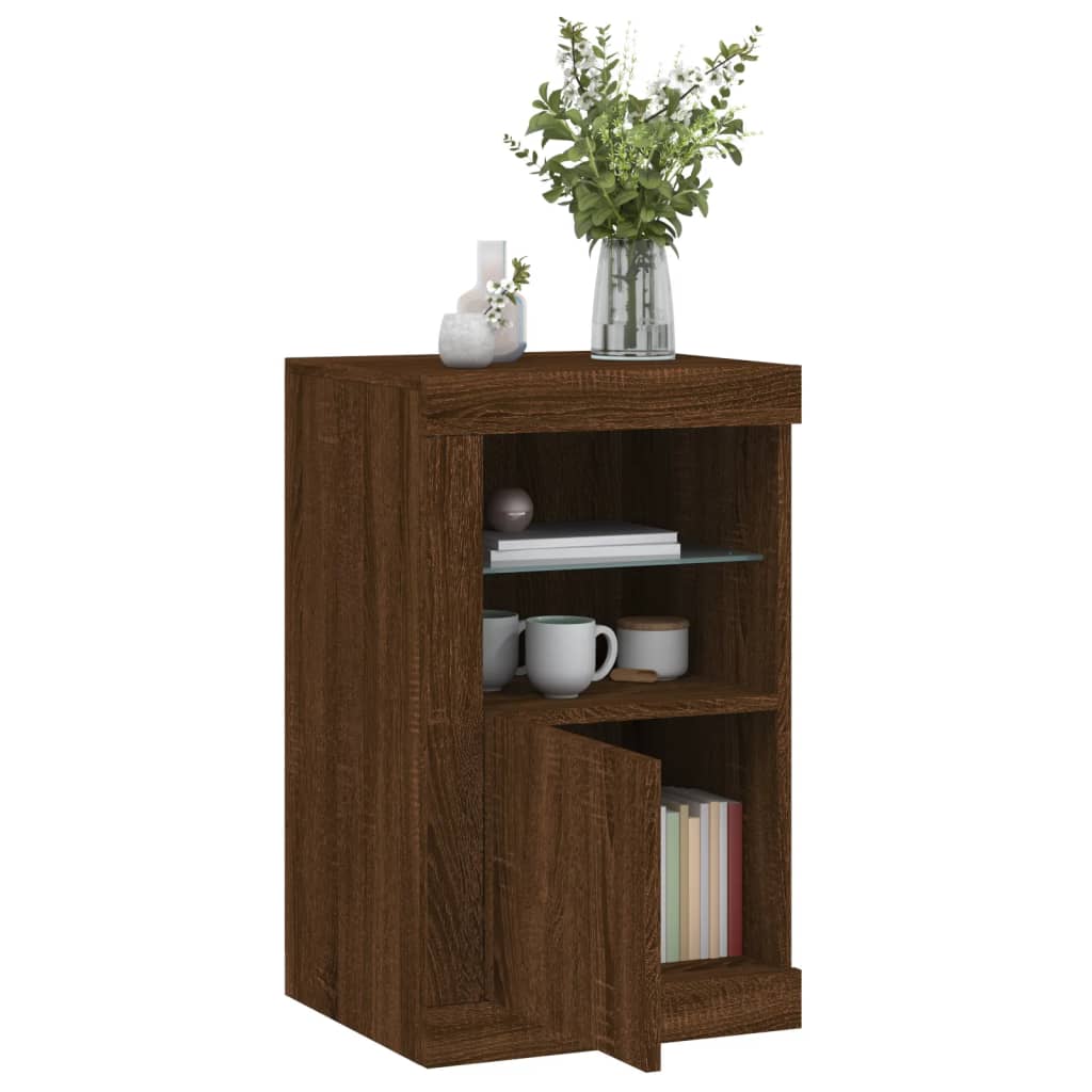 Side Cabinet with LED Lights Brown Oak Wood Material