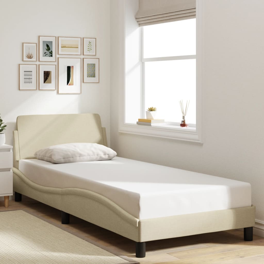 Bed frame with headboard without mattress cream 90x190 cm fabric