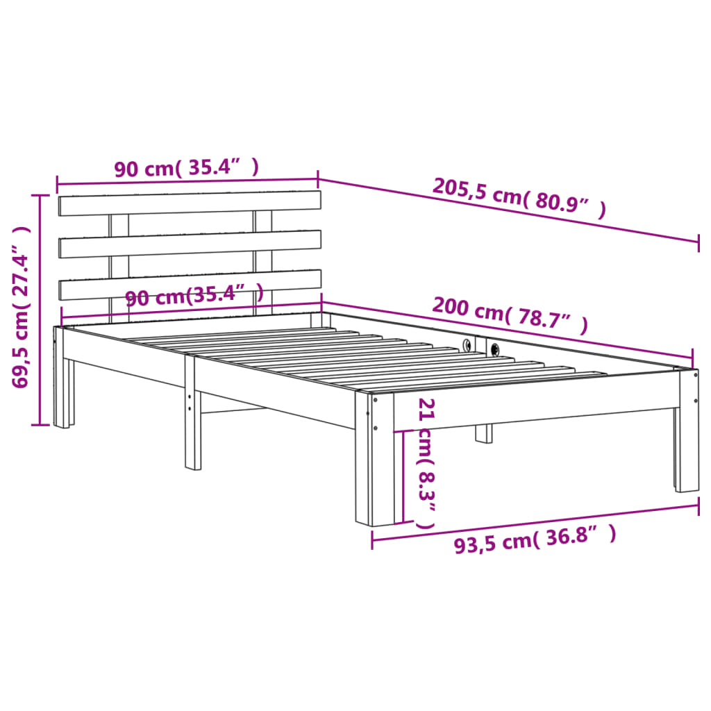 Solid wood bed without mattress wax brown 90x200 pinewood