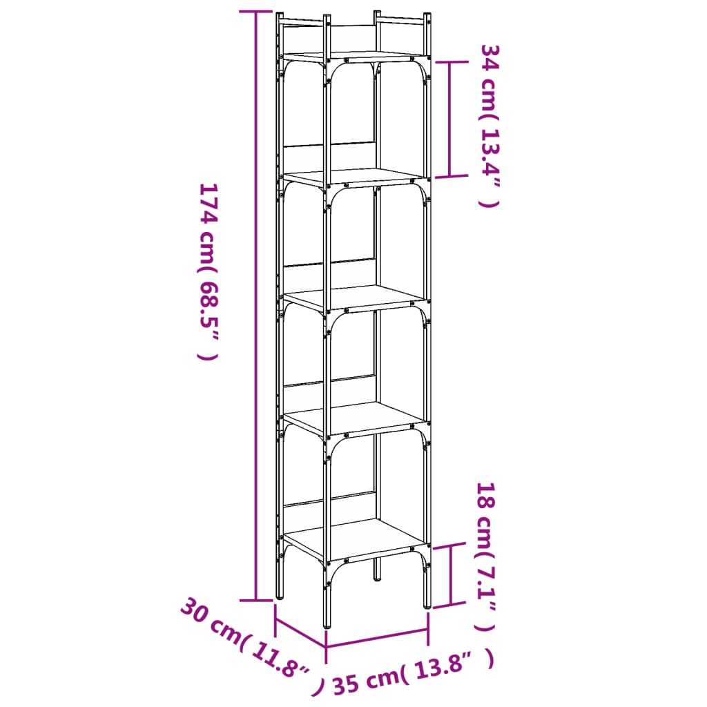 Bookcase 5 Shelves Grey Sonoma 35x30x174 cm Wood Material