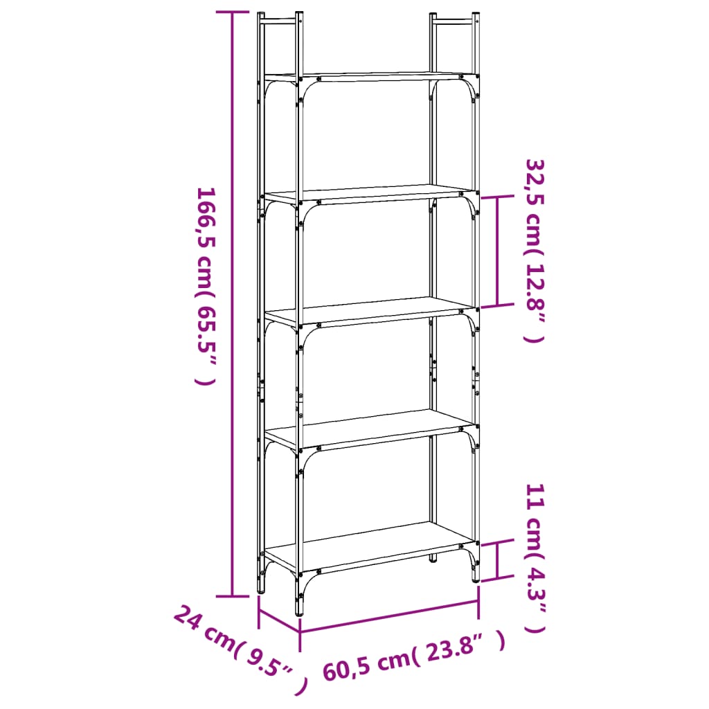 Bookcase 5 Shelves Black 60.5x24x166.5 cm Wood Material