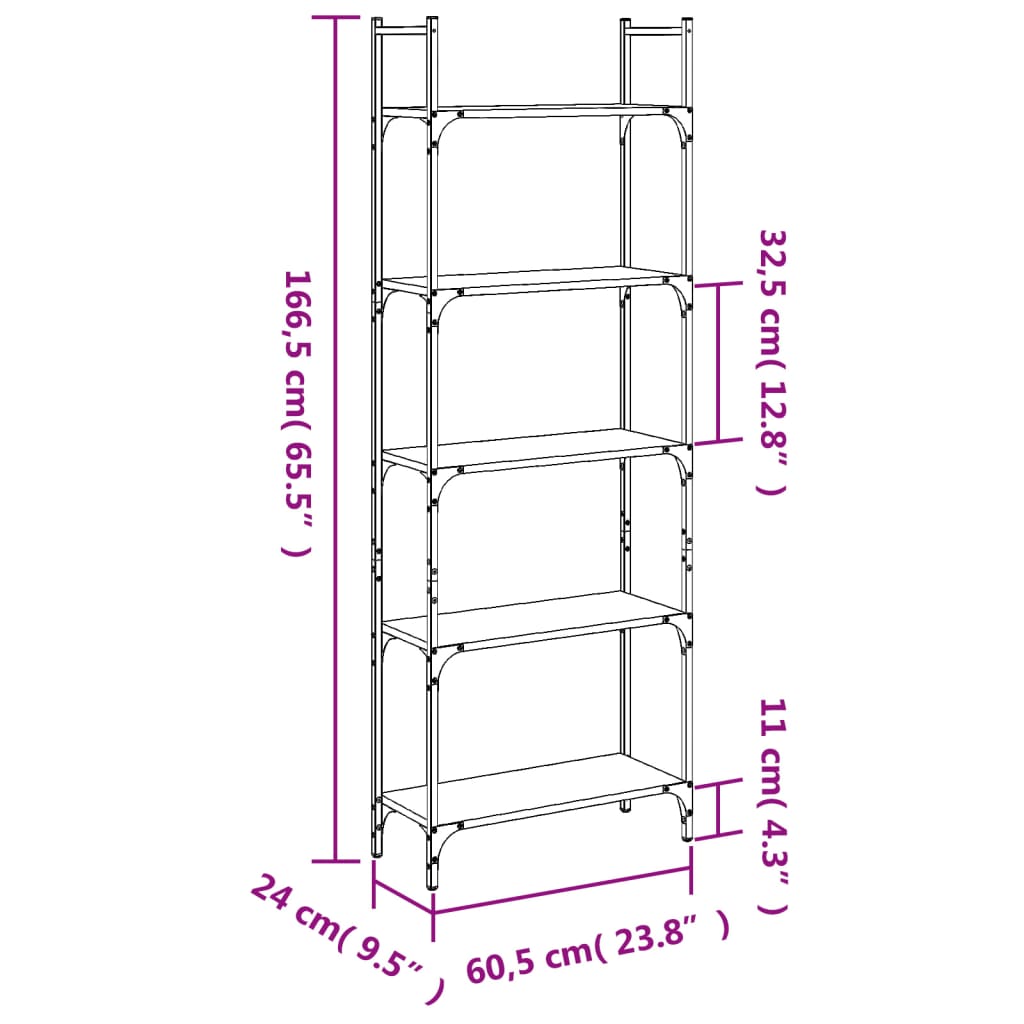 Bookcase 5 Shelves Grey Sonoma 60.5x24x166.5 cm Wood Material