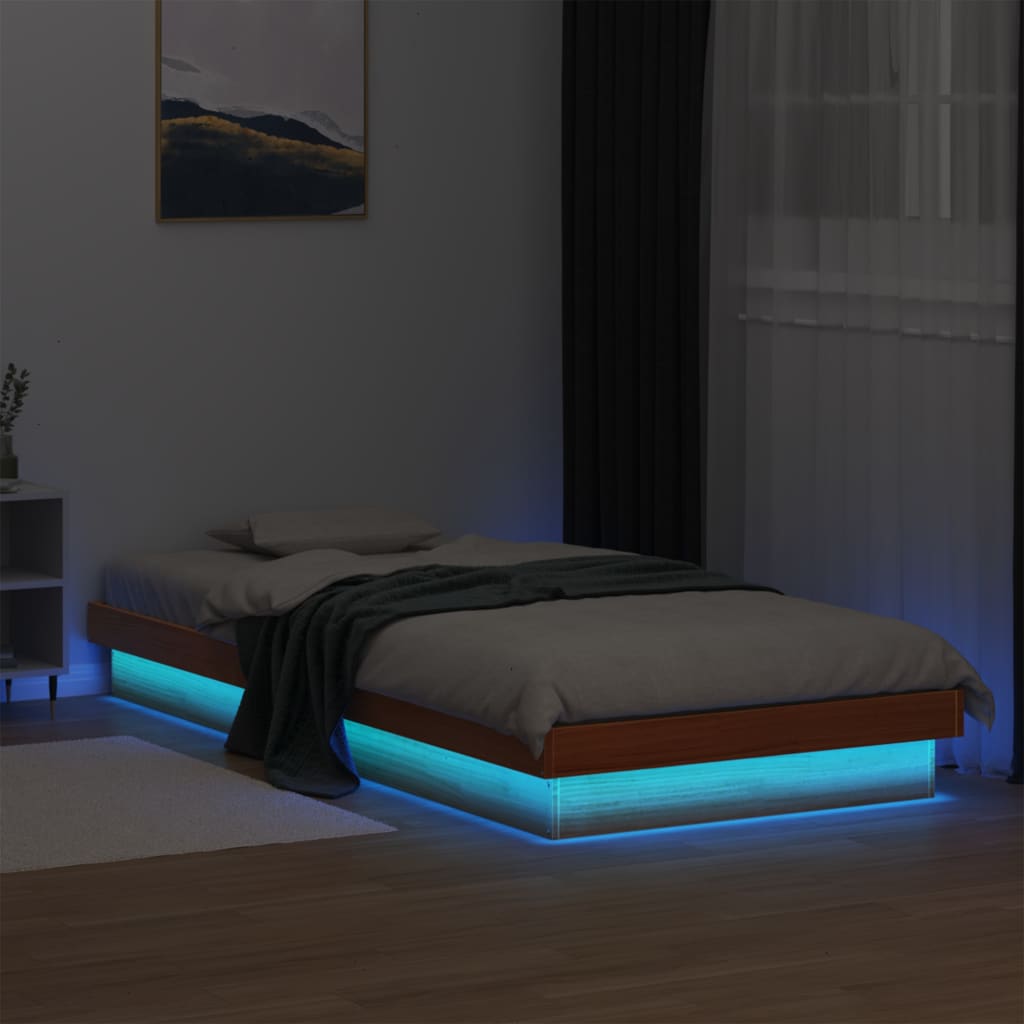 Solid wood bed with LED lighting wax brown 90x200 cm pine