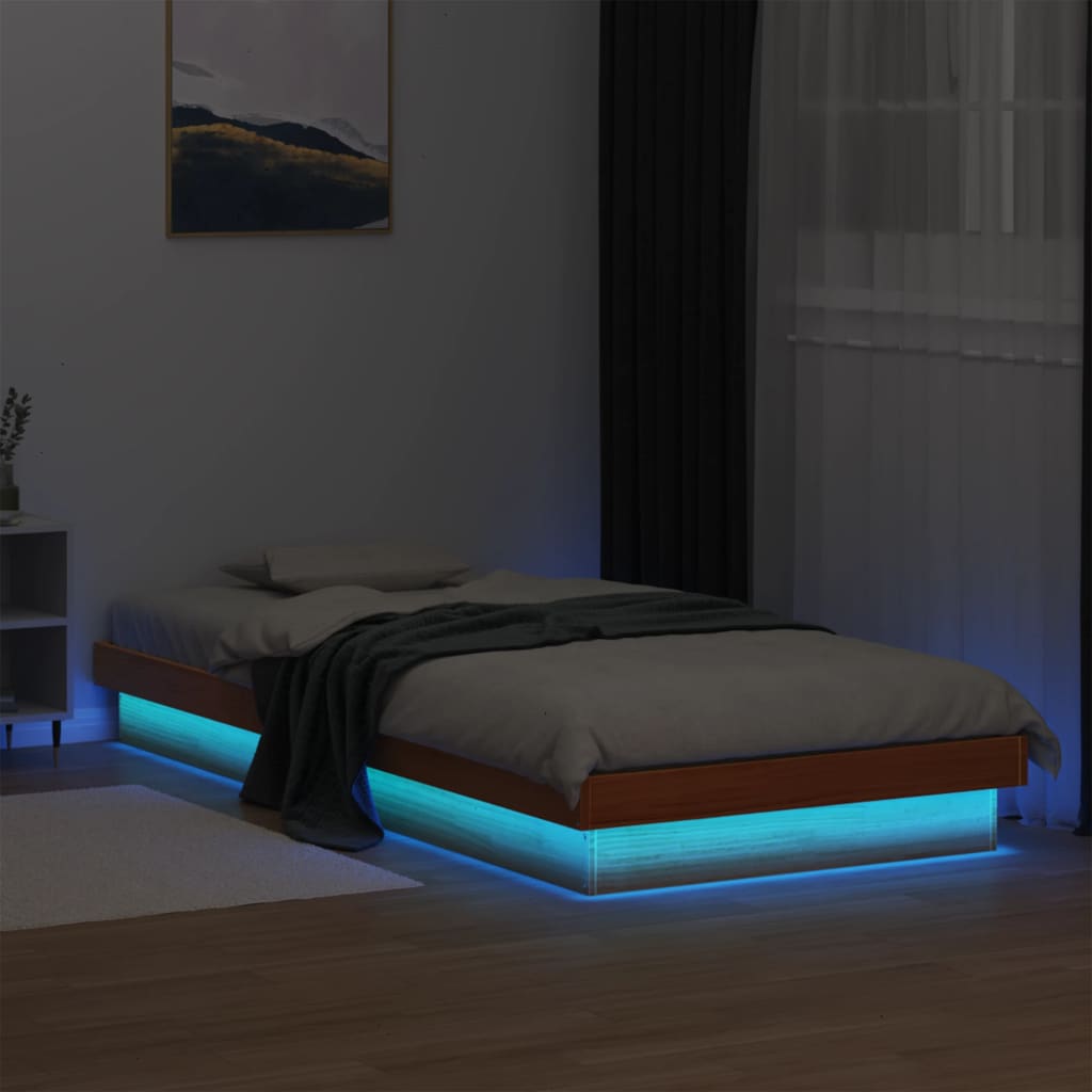 Solid wood bed with LED lighting wax brown 100x200 cm pine