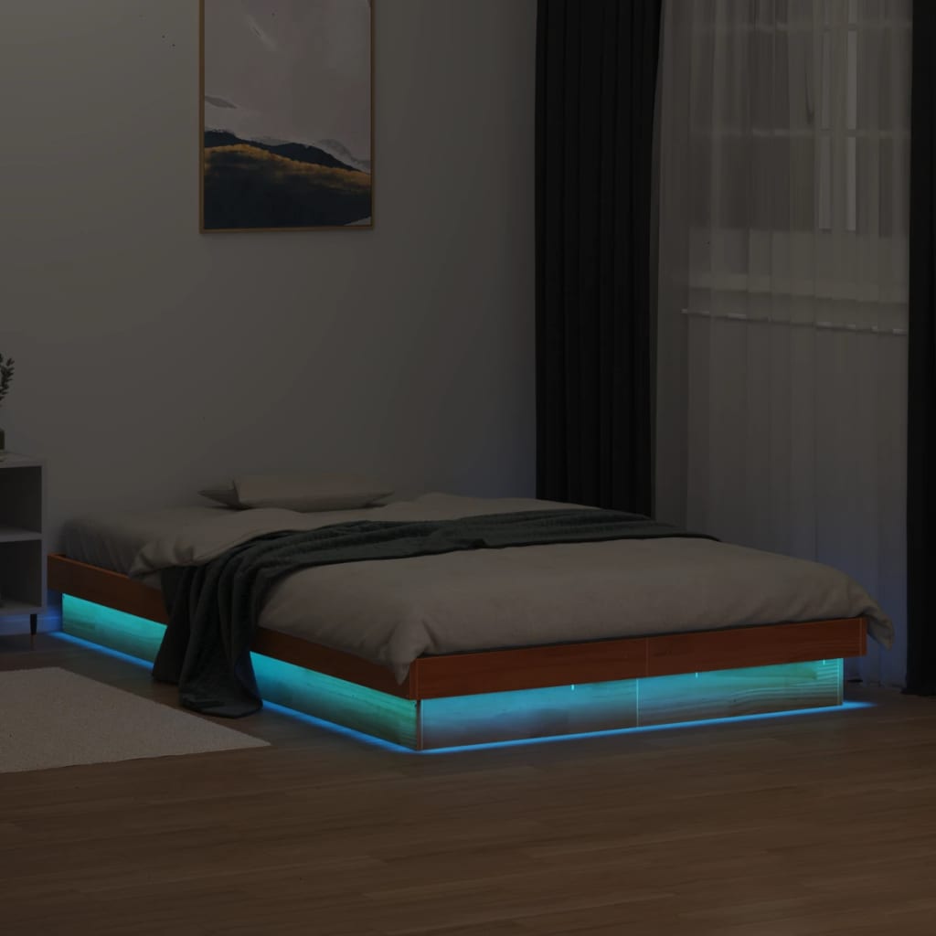 Solid wood bed with LED lighting wax brown 120x200 cm pine