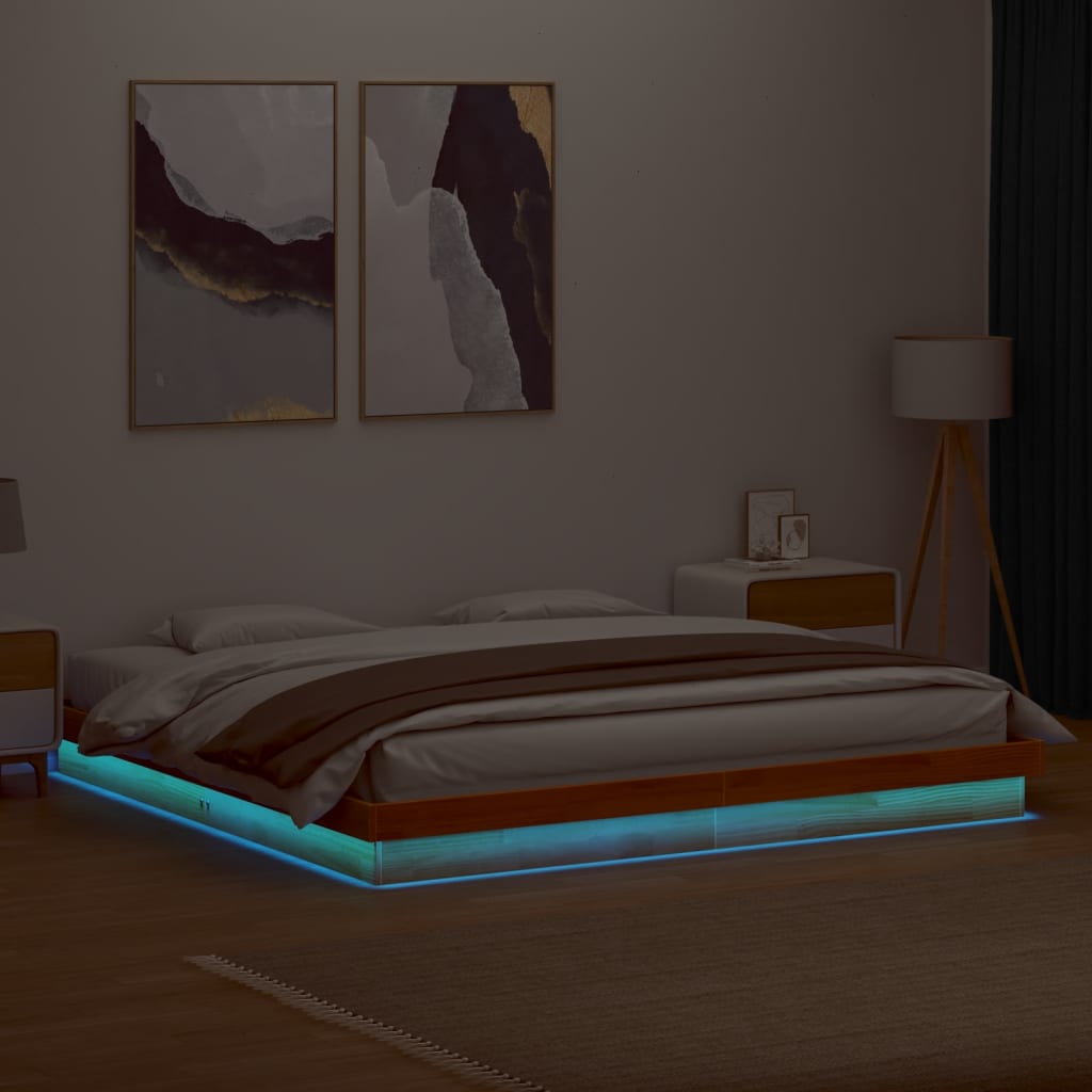 Solid wood bed with LED lighting wax brown 200x200 cm pine