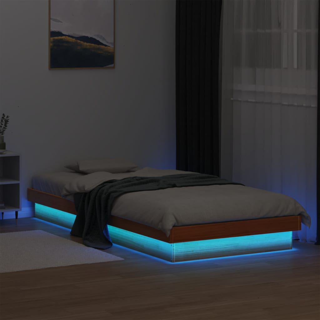 Solid wood bed with LED lighting wax brown 90x190 cm pine