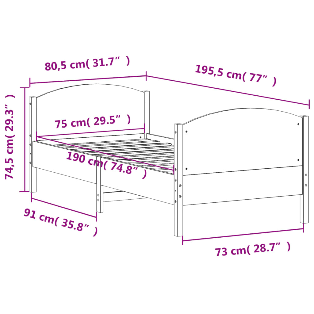 Massivholzbett ohne Matratze 75x190 cm Kiefernholz