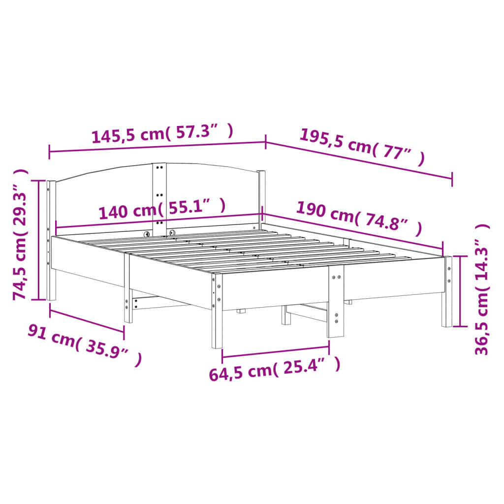 Solid wood bed without mattress 140x190 cm pinewood