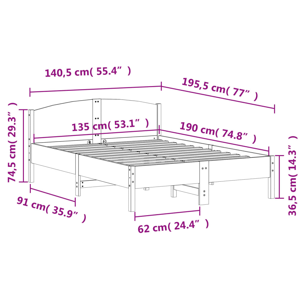 Solid wood bed without mattress 135x190 cm pinewood