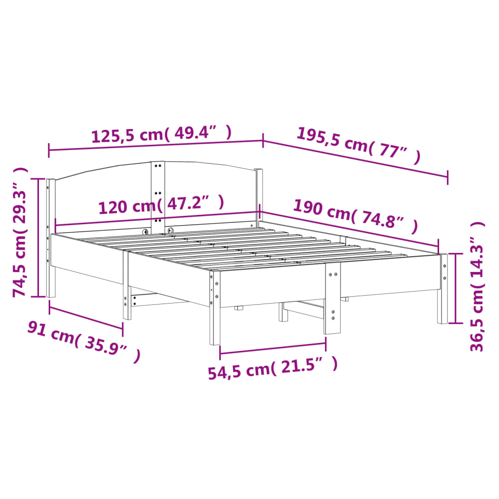 Solid wood bed without mattress 120x190 cm pinewood