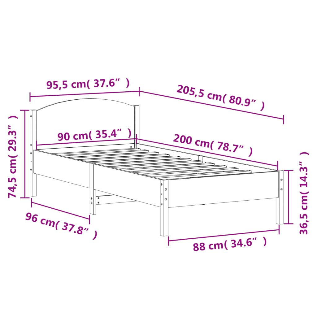 Solid wood bed without mattress 90x200 pinewood