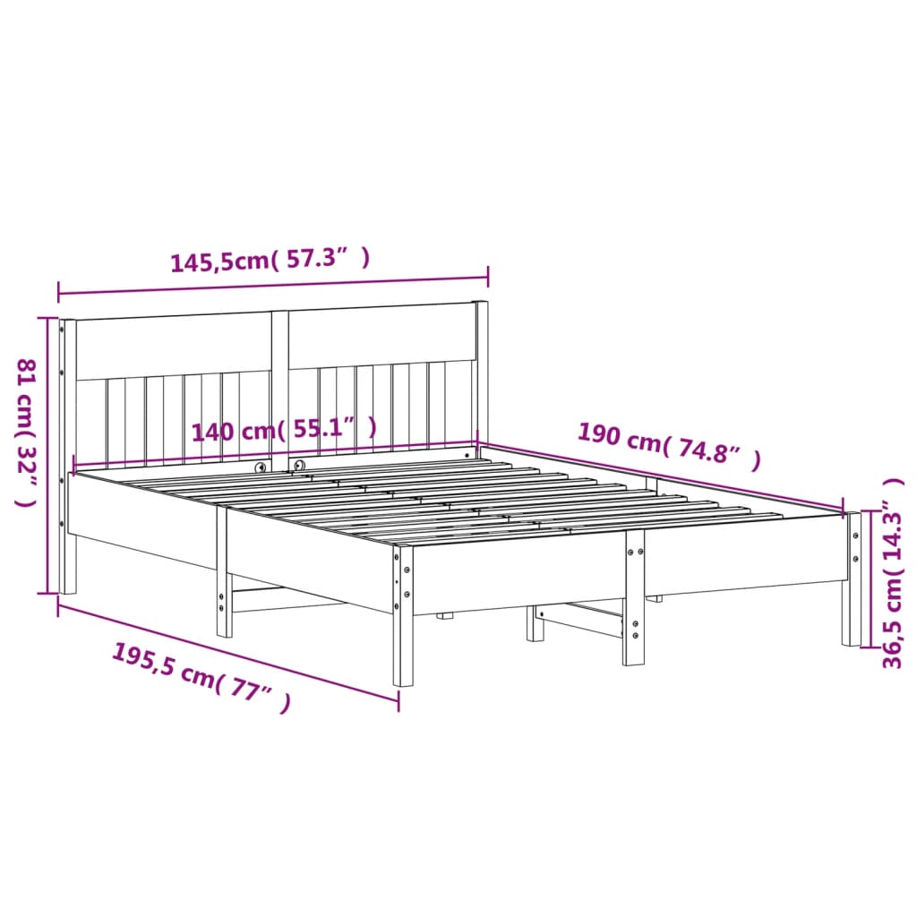 Solid wood bed without mattress wax brown 140x190 cm pinewood