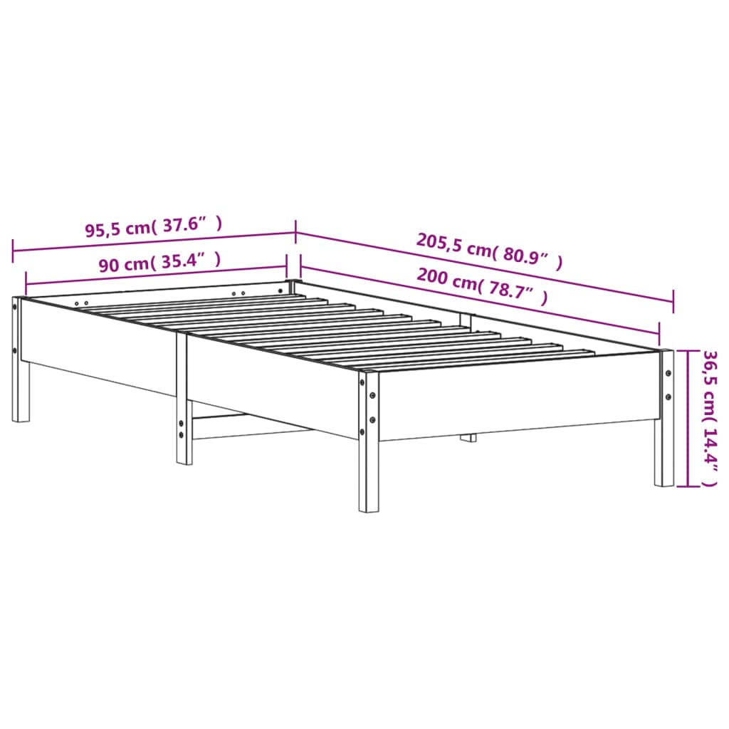 Solid wood bed without mattress 90x200 pinewood