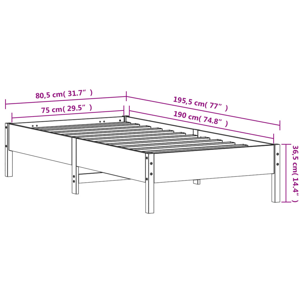 Solid wood bed without mattress white 75x190 cm pinewood