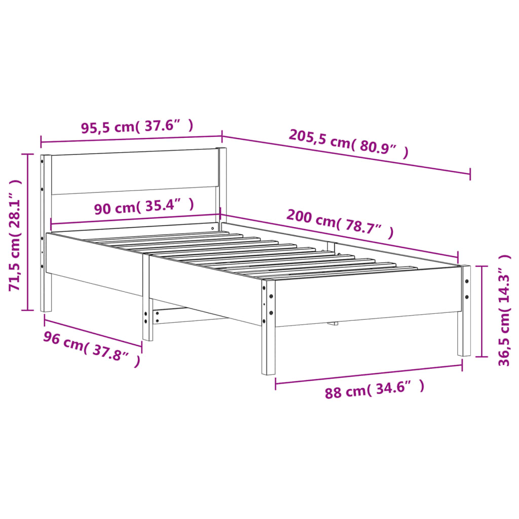 Solid wood bed without mattress 90x200 pinewood