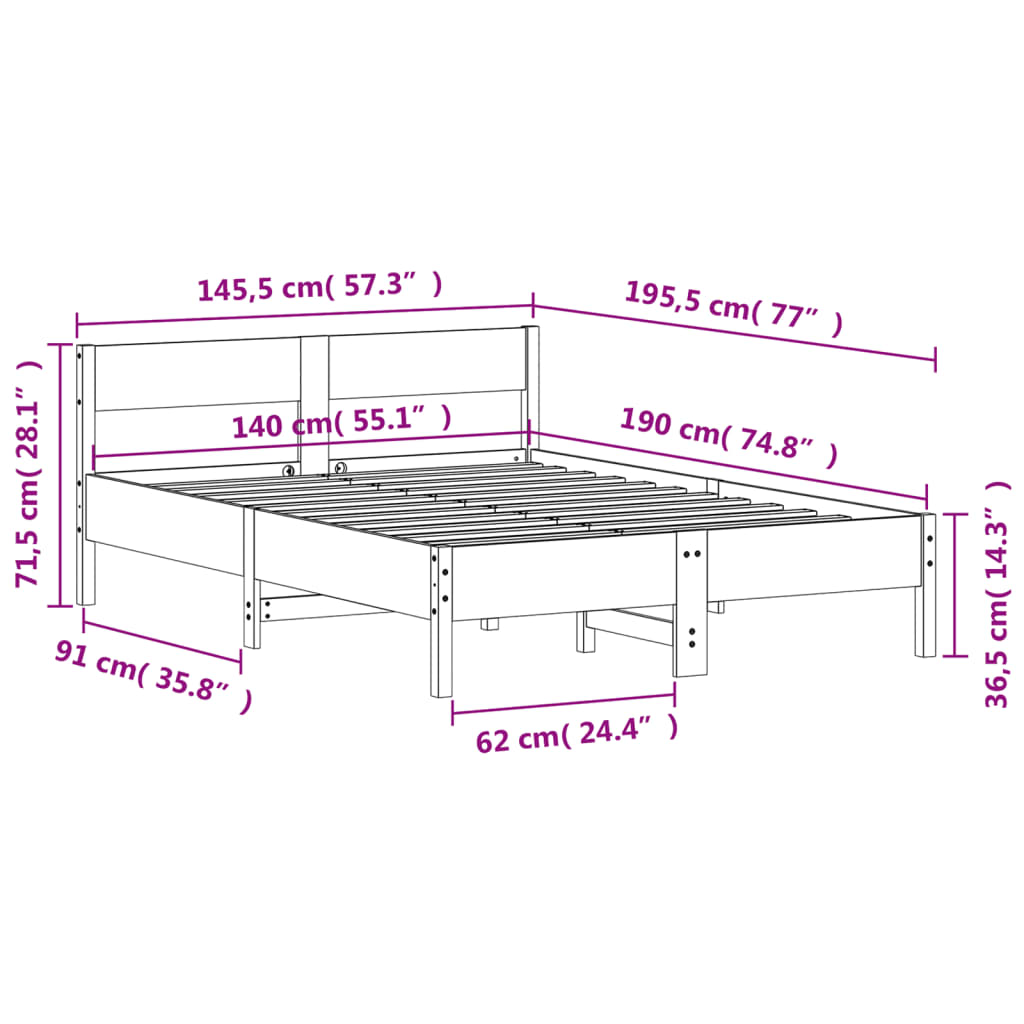 Massivholzbett ohne Matratze 140x190 cm Kiefernholz