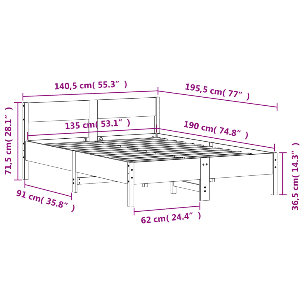 Solid wood bed without mattress 135x190 cm pinewood