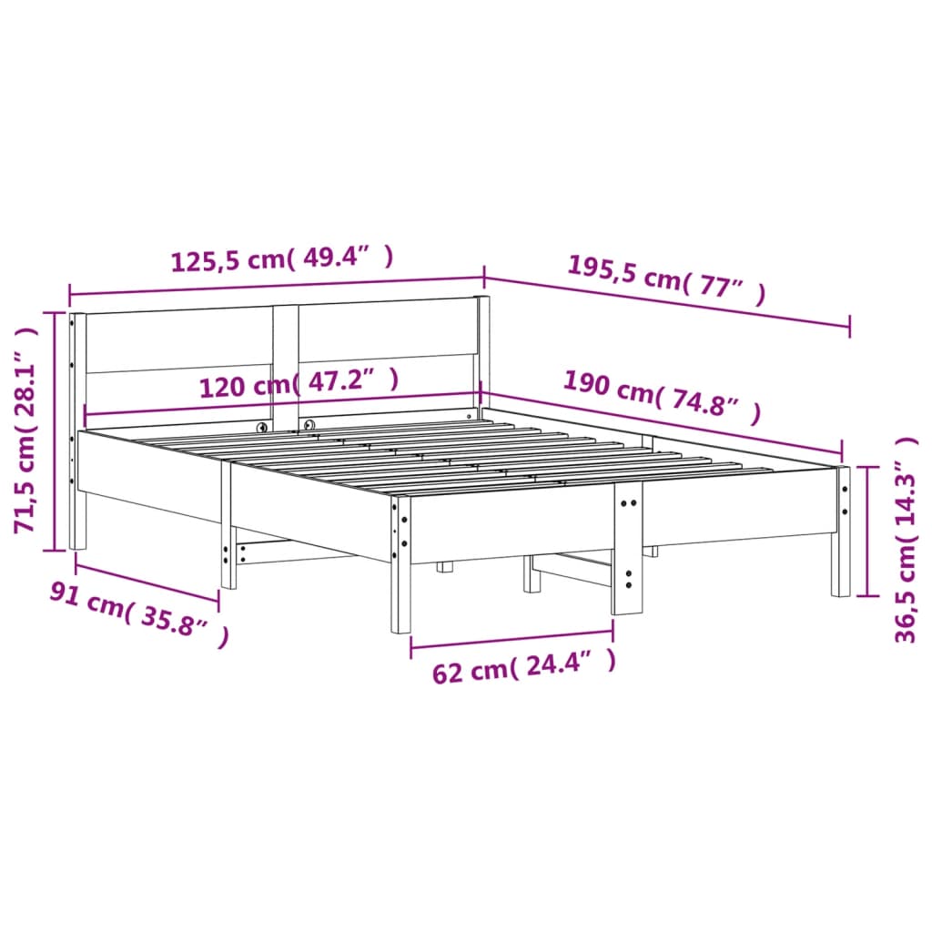 Solid wood bed without mattress wax brown 120x190 cm pinewood