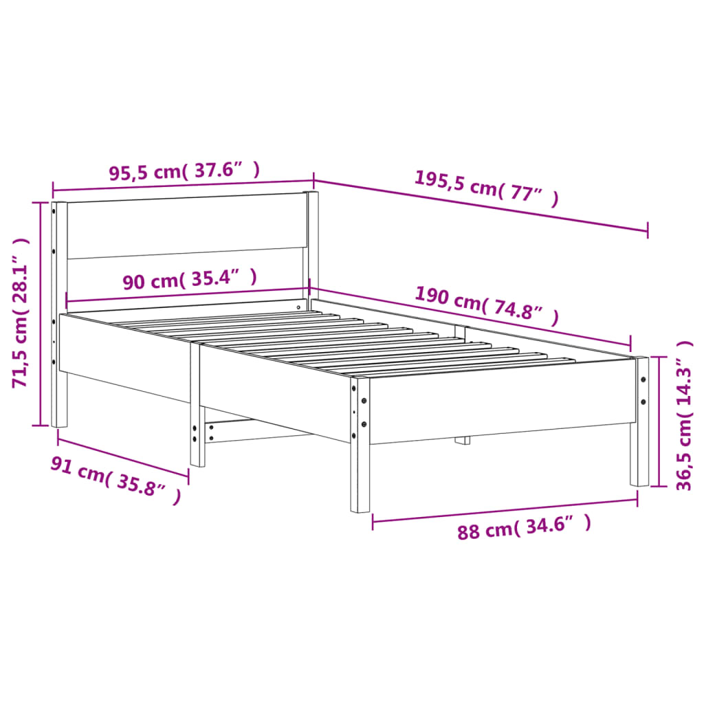 Solid wood bed without mattress 90x190 cm pinewood