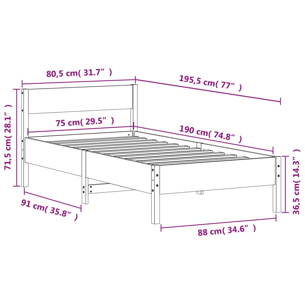 Solid wood bed without mattress 75x190 cm pinewood