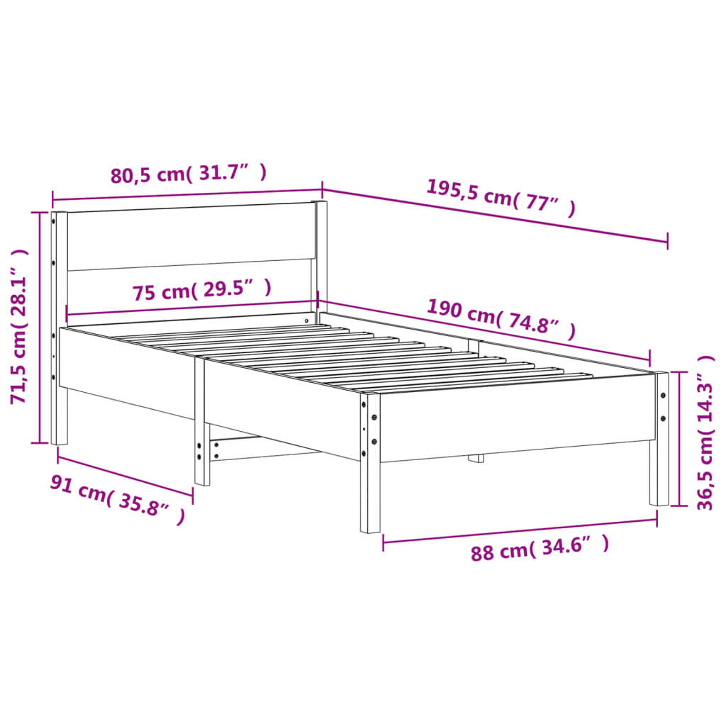 Solid wood bed without mattress wax brown 75x190 cm pinewood