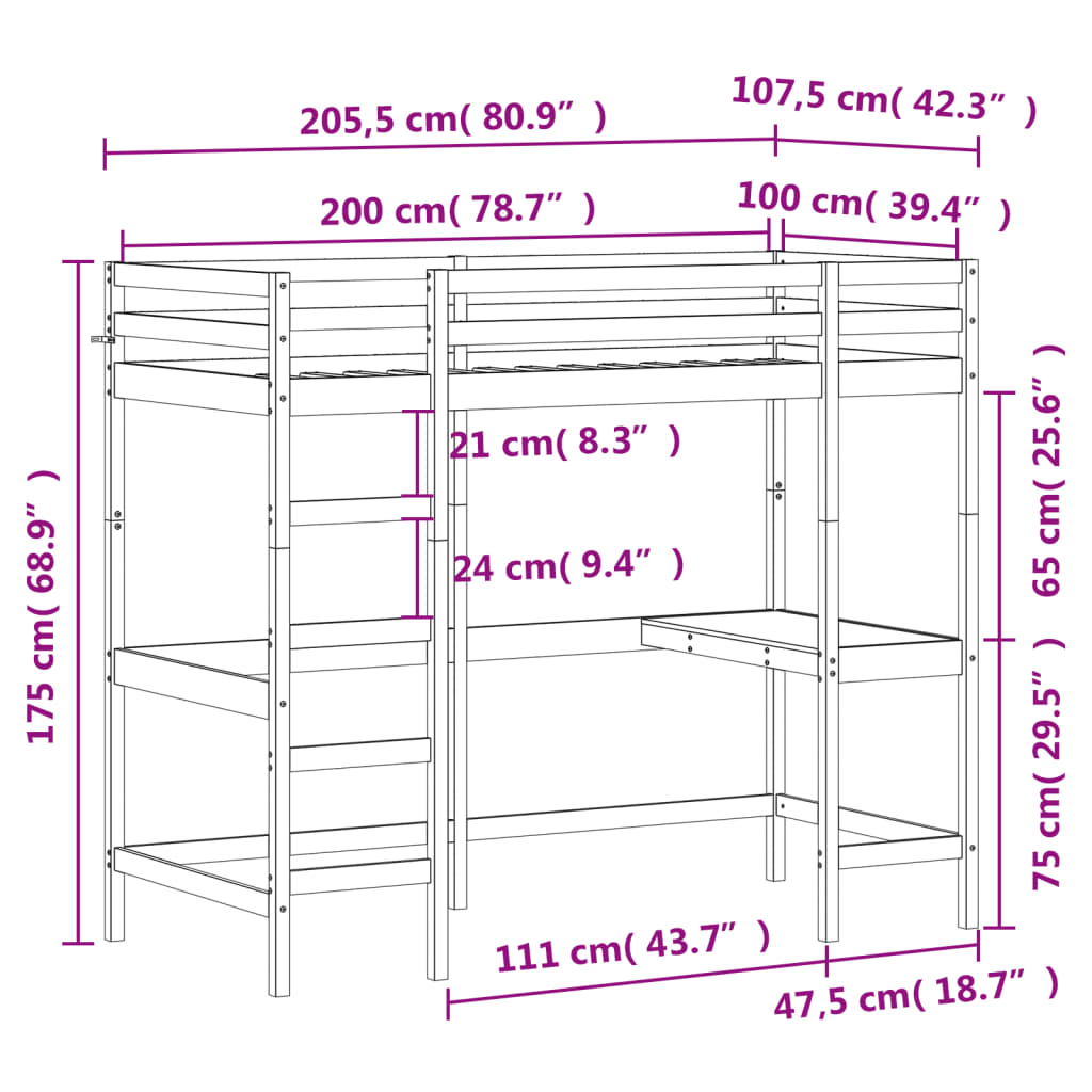 Loft bed with desk 100x200 cm solid pine wood