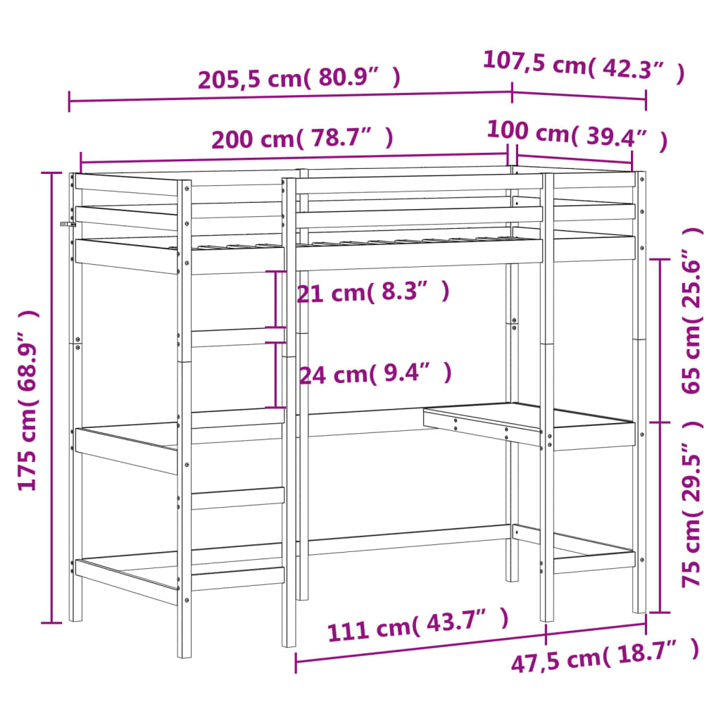 Hochbett mit Schreibtisch Wachsbraun 100x200 cm Massivholz