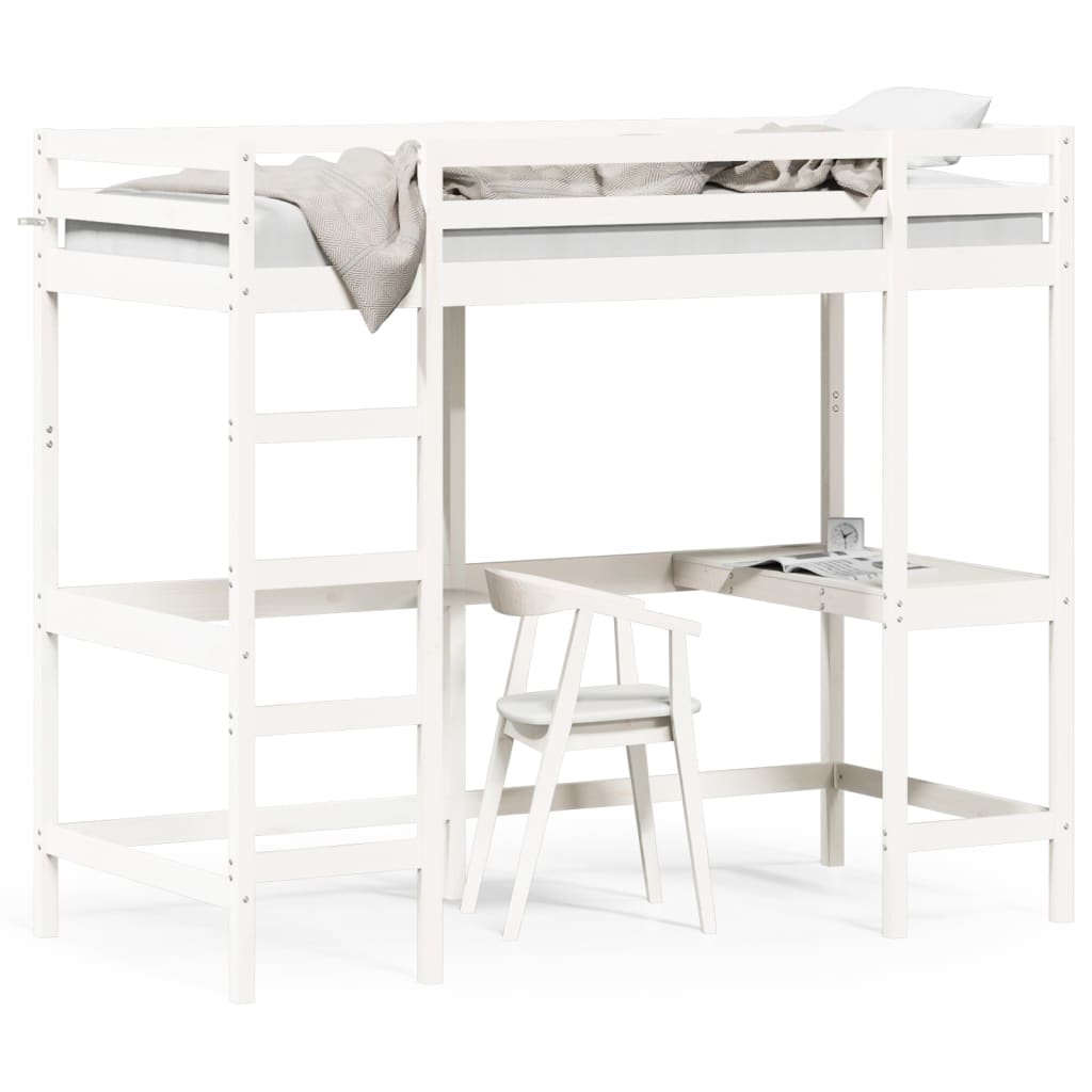 Loft bed with desk white 90x200 cm solid pine wood