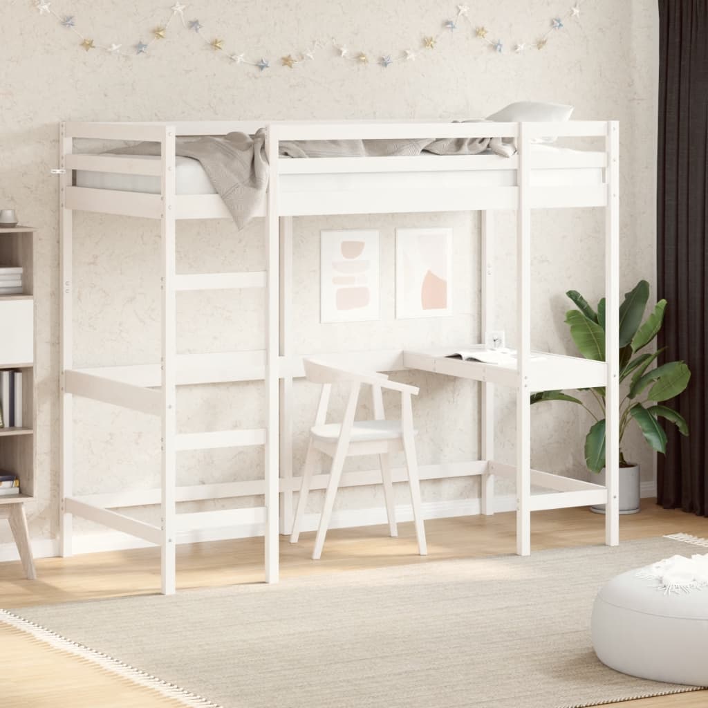 Loft bed with desk white 90x200 cm solid pine wood