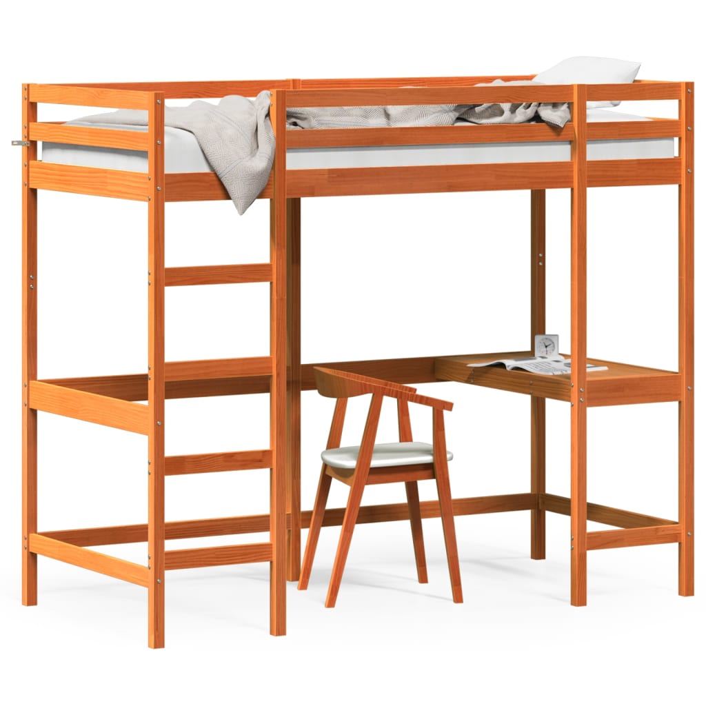 Loft bed with desk wax brown 90x200cm solid pine wood