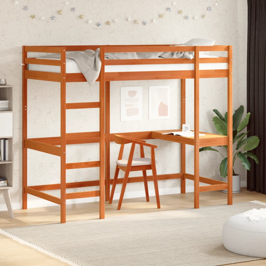 Loft bed with desk wax brown 90x200cm solid pine wood