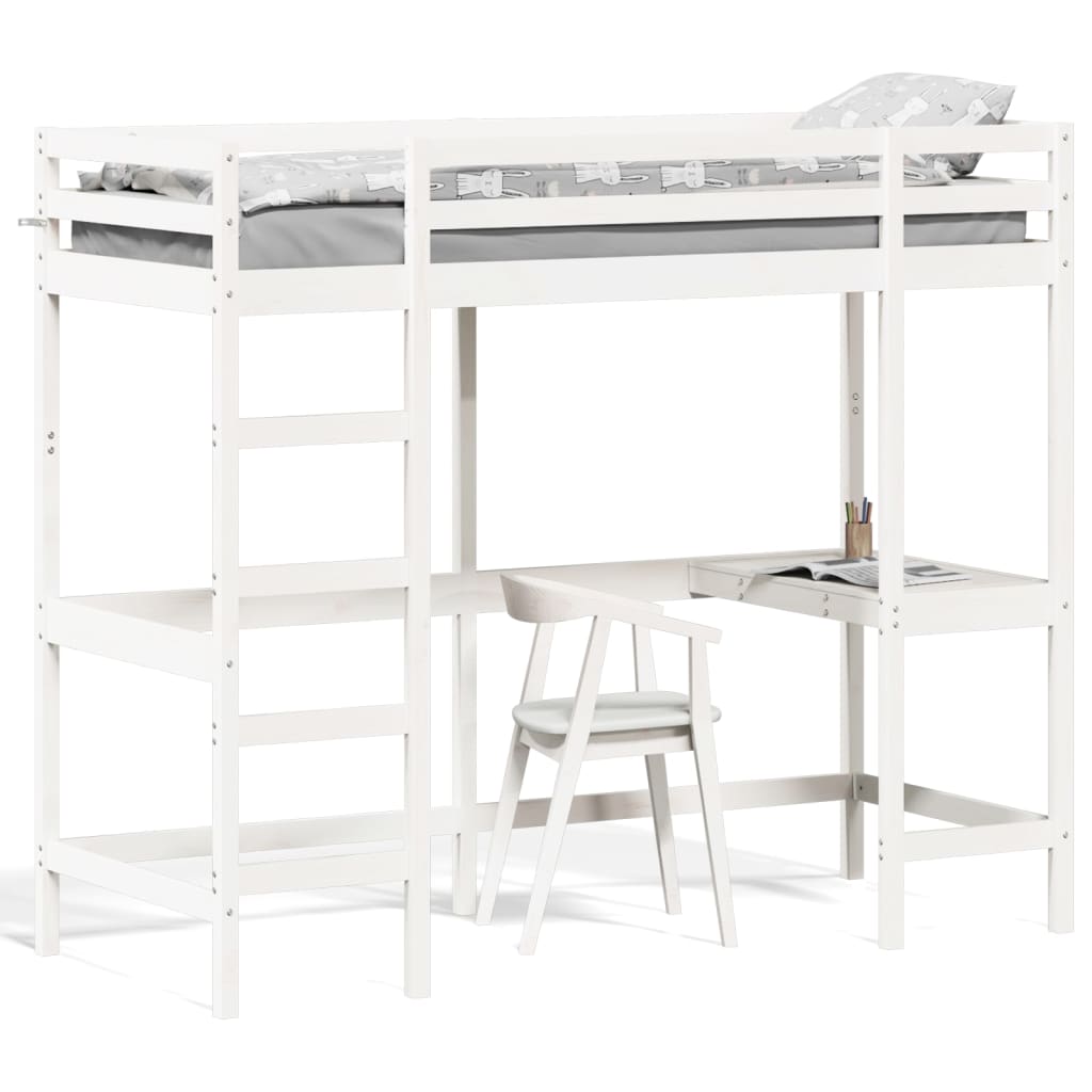 Loft bed with desk white 80x200 cm solid pine wood