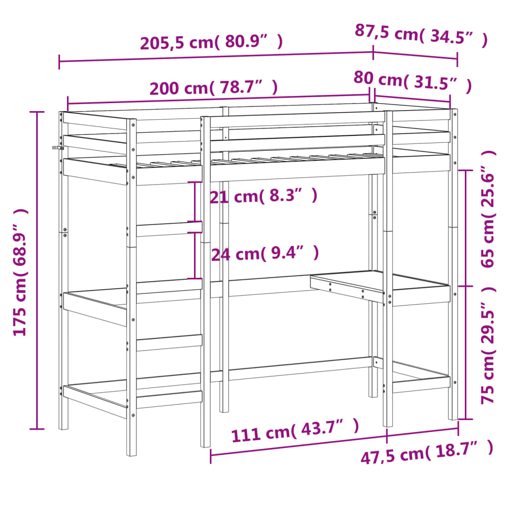 Loft bed with desk white 80x200 cm solid pine wood